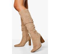 boohoo Women's Faux Suede Ruched Block Heel Knee High Boot in Taupe | Size: 6