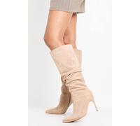Boohoo Faux Suede Ruched Stiletto Pointed Boots In Taupe taupe 7