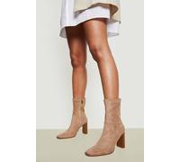 Boohoo Faux Suede Square Toe Heeled Sock Boots In Taupe taupe 8