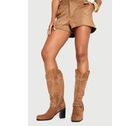 Boohoo Faux Suede Square Toe Stud Western Boots In Tan tan 3