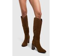 Boohoo Faux Suede Wooden Stack Heel Detail Knee High Boot In Taupe taupe 8