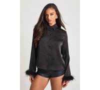 Boohoo Feather Trim Satin Shirt In Black black 6