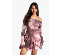 Boohoo Floral Bardot Long Sleeve Skater Dress In Black black 10