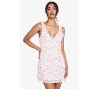 Boohoo Floral Brodiere V Neck Shift Mini Dress In Pink pink 8