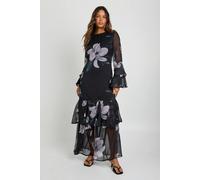 Boohoo Floral Chiffon Godet Layered Maxi Dress In Black black 14