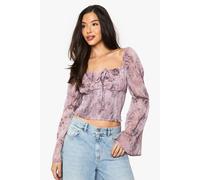 Boohoo Floral Chiffon Tie Front Shirred Blouse In Mauve mauve 8