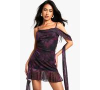 Boohoo Floral Draped Ruffle Printed Mesh Mini Dress In Burgundy burgundy 8
