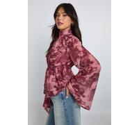 Boohoo Floral High Neck Volume Sleeve Blouse In Pink pink 8