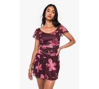Boohoo Floral Print Ruched Cap Sleeve Mini Dress floral 10