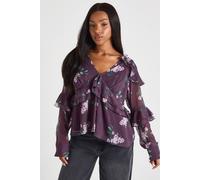 Boohoo Floral Ruffle Chiffon Blouse In Plum plum 16