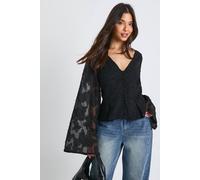 Boohoo Floral Textured Button Down Blouse In Black black 6