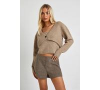 Boohoo Fluffy Knit Cropped Cardigan And Cami Top Set In Stone stone L