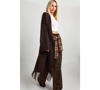 Boohoo Fringe Detail Wool Look Coat In Chocolate chocolate 14