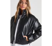 Boohoo Funnel Neck Faux Leather Bomber Jacket In Black black 14