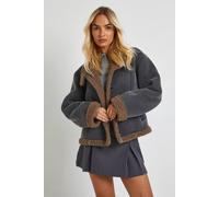 Boohoo Fur Detail Suede High Neck Aviator Jacket In Grey grey 16