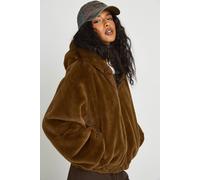 boohoo Women's Fur Hooded Bomber Jacket in Olive | Size: 14