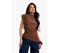 Boohoo Gathered Shoulder Pad Asymmetric Blouse In Chocolate chocolate 6