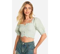 Boohoo Gingham Frill Hem Puff Sleeve Crop Top In Sage sage S