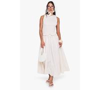 Boohoo Gingham Shirred Detail Drop Waist Midaxi Dress In Stone stone 8