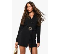 Boohoo Gold Trim Belted Shirt Dress In Black black 8