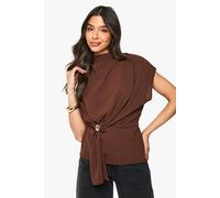 Boohoo Gold Trim Hammered Knot Front Blouse In Chocolate chocolate 10