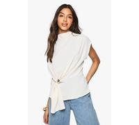 Boohoo Gold Trim Hammered Knot Front Blouse In Cream cream 10