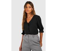 Boohoo Hammered Puff Sleeve Button Front Blouse In Black black 14