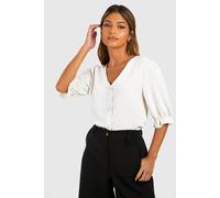 Boohoo Hammered Puff Sleeve Button Front Blouse In Cream cream 10