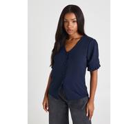 Boohoo Hammered Puff Sleeve Button Front Blouse In Navy navy 12