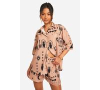 boohoo Women's Hammered Tonal Boho Print Oversized Shirt & Shorts Set in Mocha | Size: 8