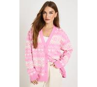 boohoo Women's Heart Fairisle Christmas Cardigan in Pink | Size: Small