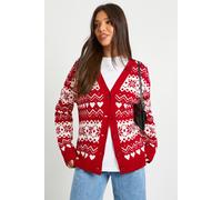 boohoo Women's Heart Fairisle Christmas Cardigan in Red | Size: Small