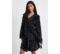 Boohoo Heart Print Embossed Fleece Hooded Short Dressing Gown In Black black 14