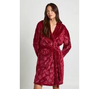 boohoo Women's Heart Print Embossed Fleece Hooded Short Dressing Gown in Burgundy | Size: 16
