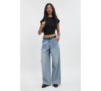 Boohoo High Waist Supersoft Belted Pleated Wide Leg Jeans In Bleach Wash bleach wash 10