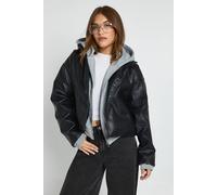 Boohoo Hooded Faux Leather Bomber Jacket In Black black 16