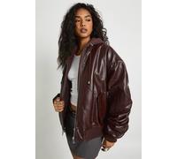 Boohoo Hooded Oversized Faux Leather Bomber Jacket In Burgundy burgundy 14