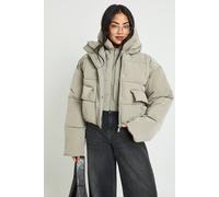 boohoo Women's Hooded Textured Puffer Jacket in Sage | Size: 16