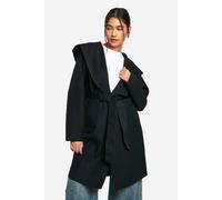 boohoo Women's Hooded Wool Look Coat in Black | Size: 14