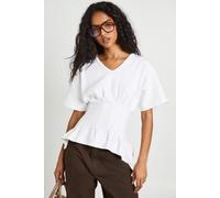 Boohoo Interlock V Neck Cinched Waist Peplum T-Shirt In White white 14