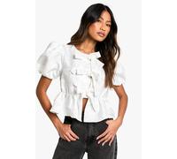 Boohoo Jacquard Tie Front Puff Sleeve Smock Top In Ivory ivory 10