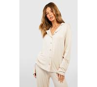Boohoo Jersey Long Sleeve Button Up Pyjama Shirt In Stone stone 12