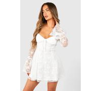 Boohoo Lace Baby Doll Flare Sleeve Mini Dress In White white 8