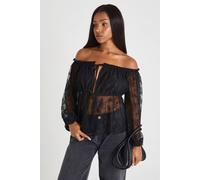Boohoo Lace Bardot Tie Front Blouse In Black black 10
