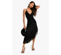 Boohoo Lace Halter Ruched Assymetric Midaxi Dress In Black black 14