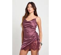 Boohoo Lace Ruched Side Satin Slip Dress In Mauve mauve 8