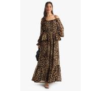 Boohoo Leopard Chiffon Cold Shoulder Ruffle Maxi Dress In Brown brown 10