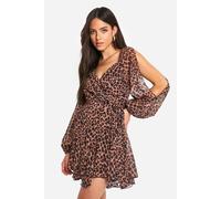 Boohoo Leopard Chiffon Lace Back Puff Sleeve Wrap Skater Dress In Brown brown 16
