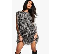 boohoo Women's Leopard Chiffon Long Sleeve Shift Dress in Black | Size: 8