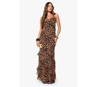 Boohoo Leopard Chiffon Ruffle Maxi Dress In Brown brown 18